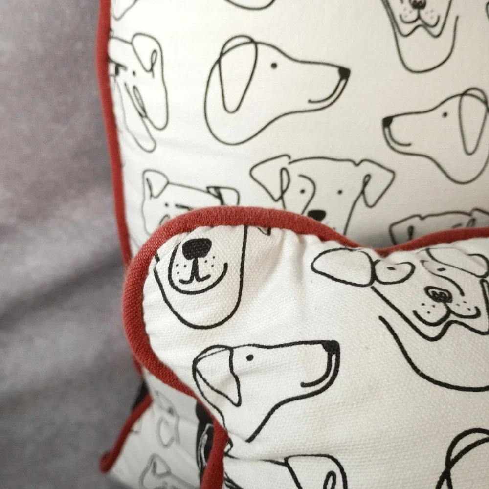 Dog Print Throw Pillow Black White Sketch Pattern with Red Trim 18x18 Home Decor
